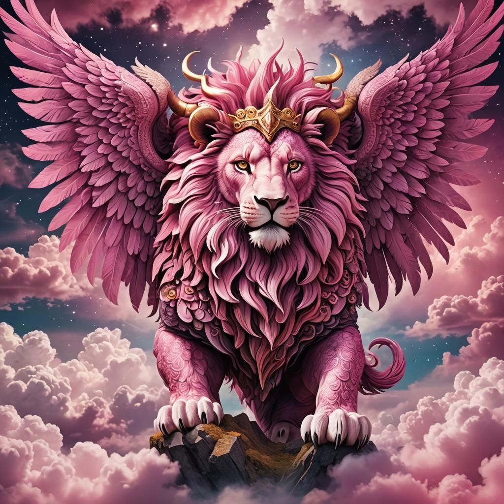 Majestic Pink Lion with Horns and Wings