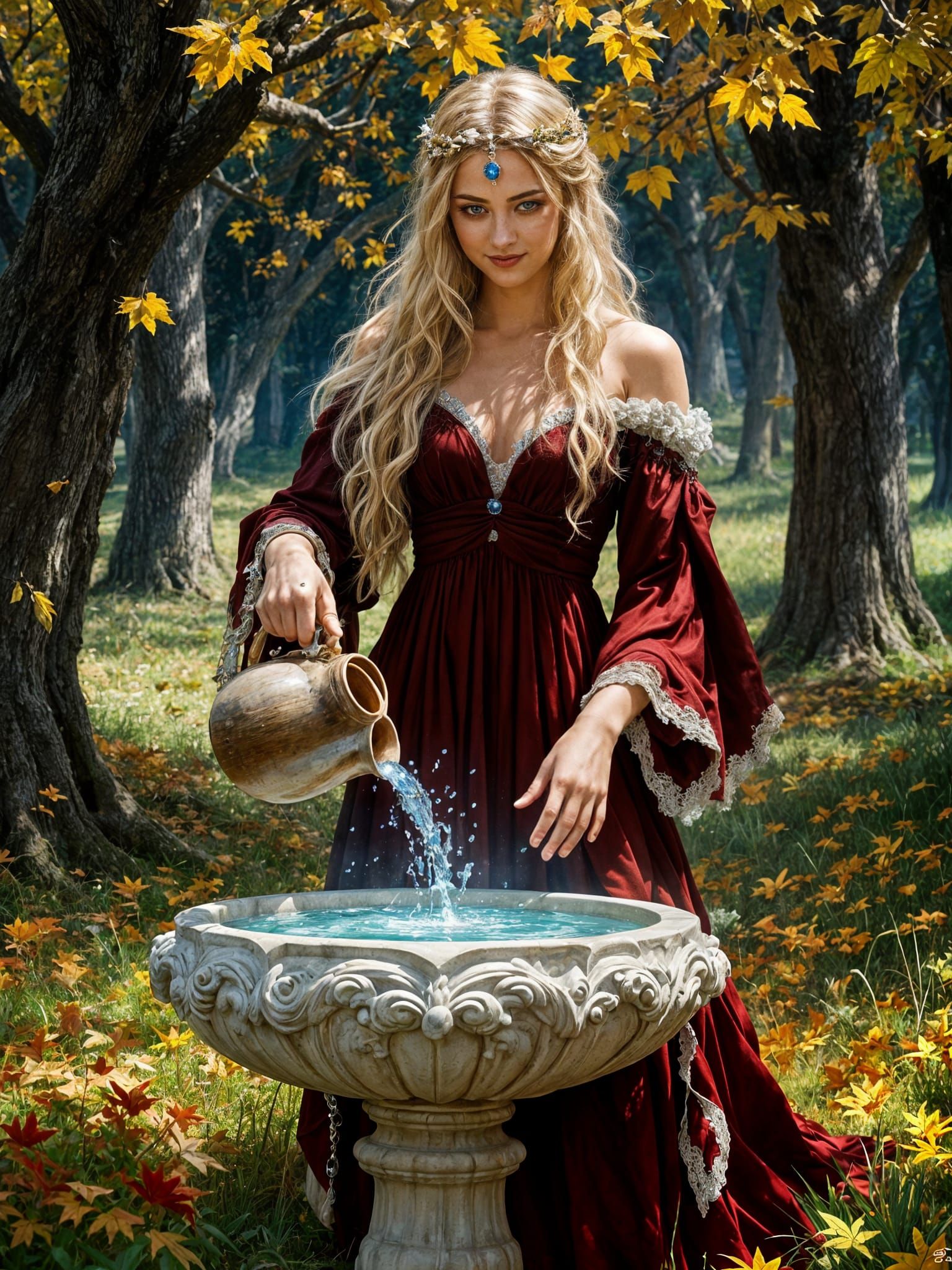 Sága, Norse Goddess in Autumn Grove, Oil Painting