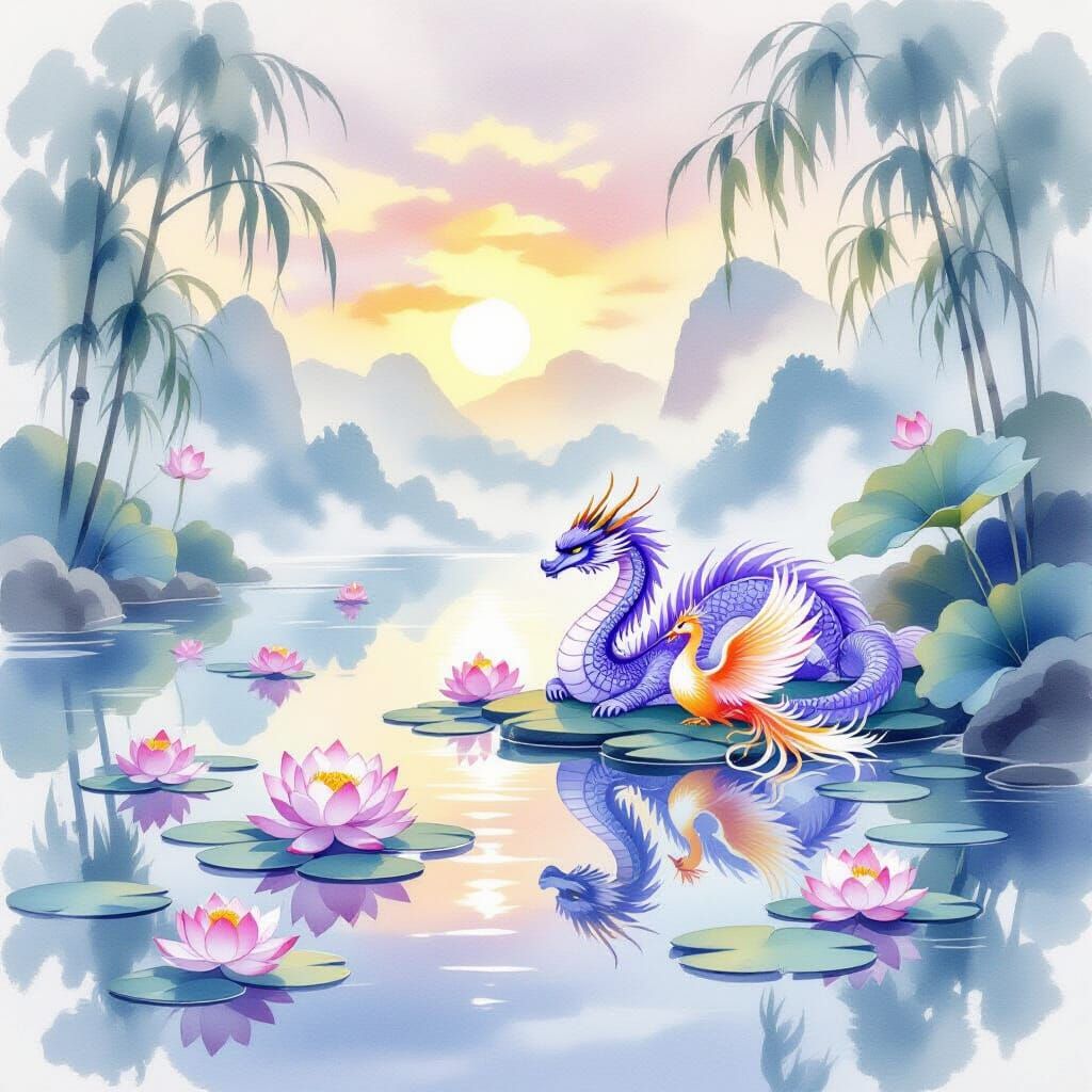 Dragon and Phoenix in Lotus Pond: Watercolor Art
