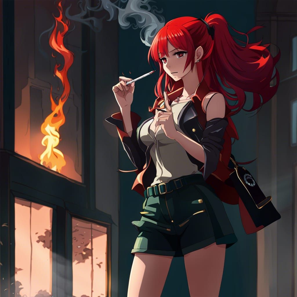 Anime Girl with Red Hair Smoking