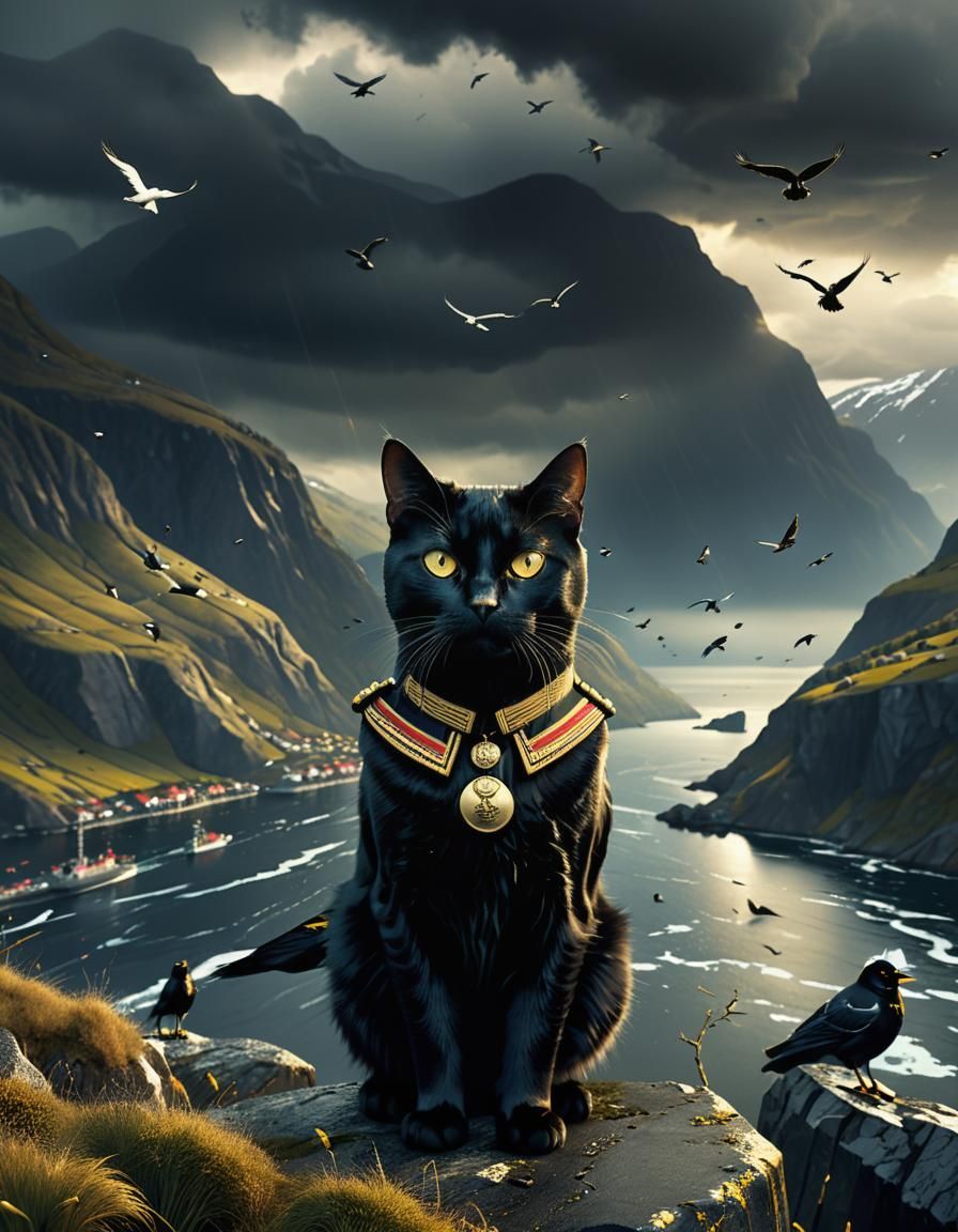 Black Cat General Overlooking Fjord, Photorealistic Digital ...
