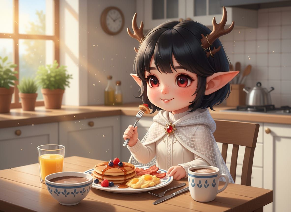 Chibi Elf Maiden Enjoys Winter Breakfast