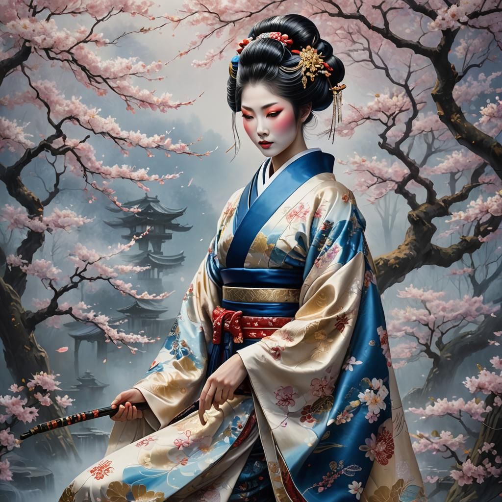 Geisha in Misty Garden, Fantasy Concept Art