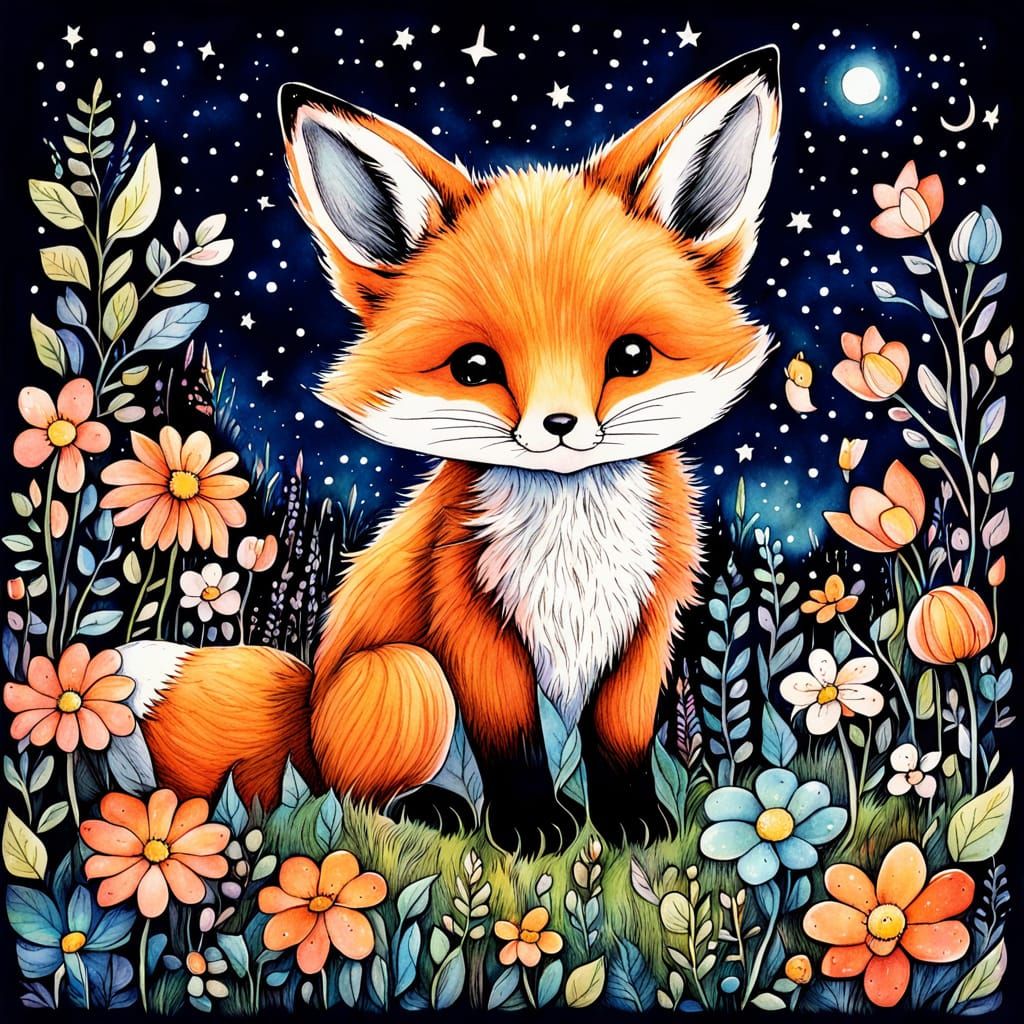 Enchanted Fox Cub in Whimsical Fairytale Scene