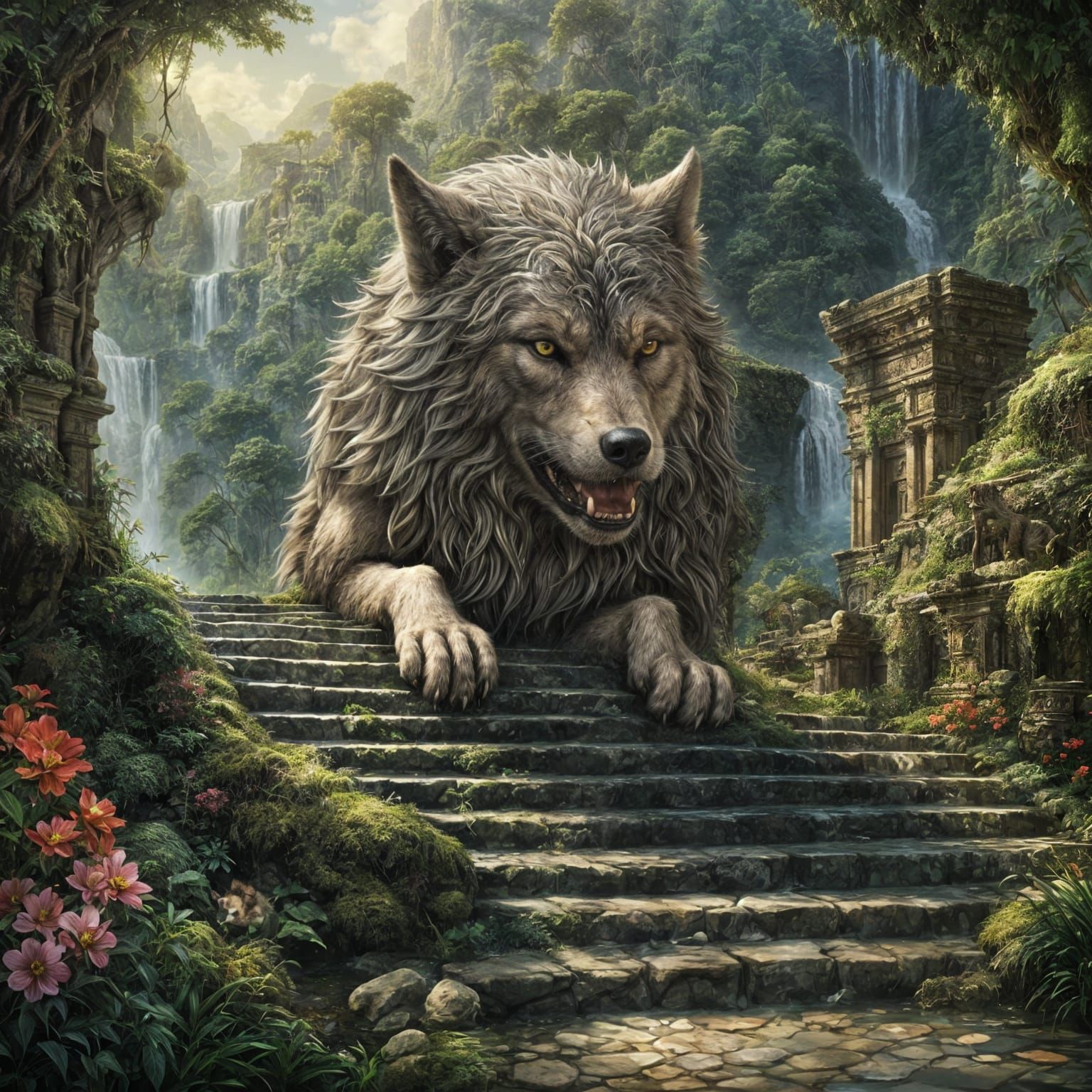 Colossal Wolf Emerges from Jungle Mountain Temple Ruins