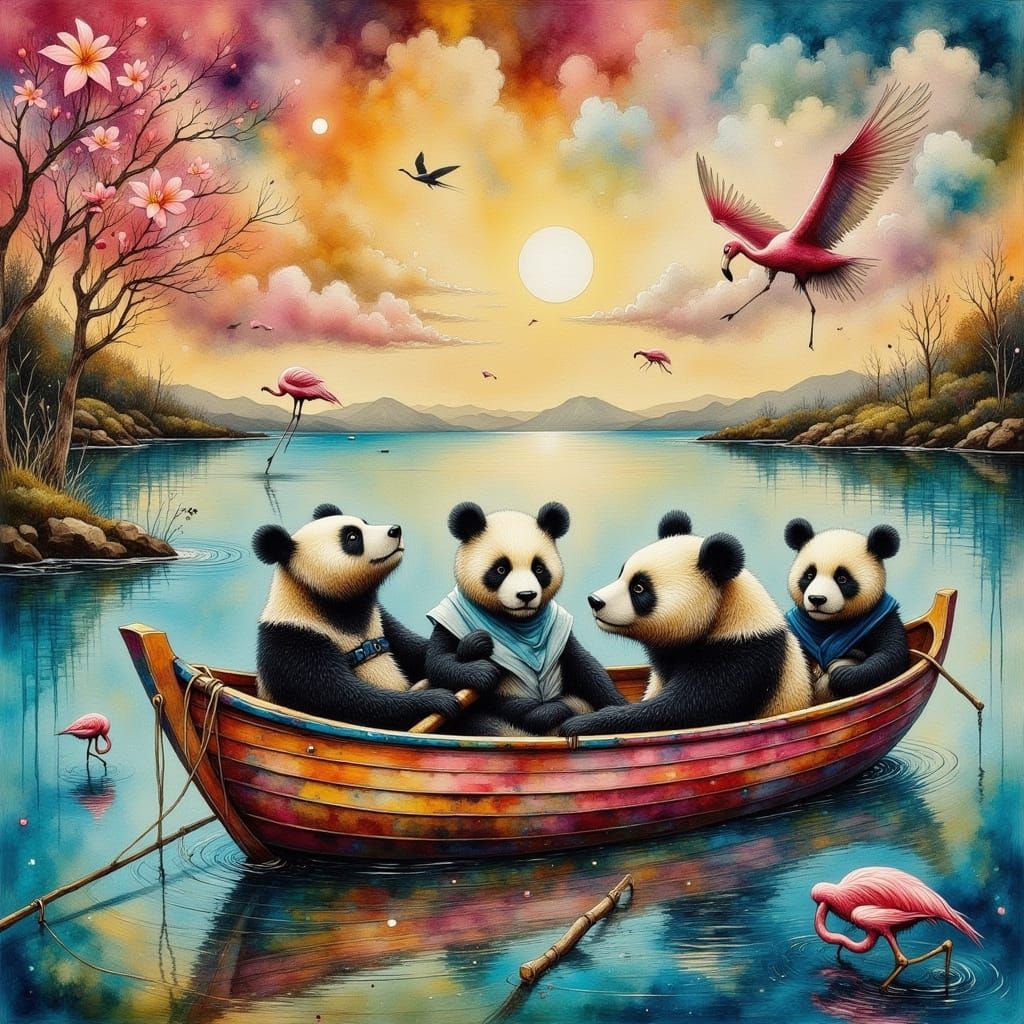 Surreal Lake Above Pandas With Flamingos in Dalí Style