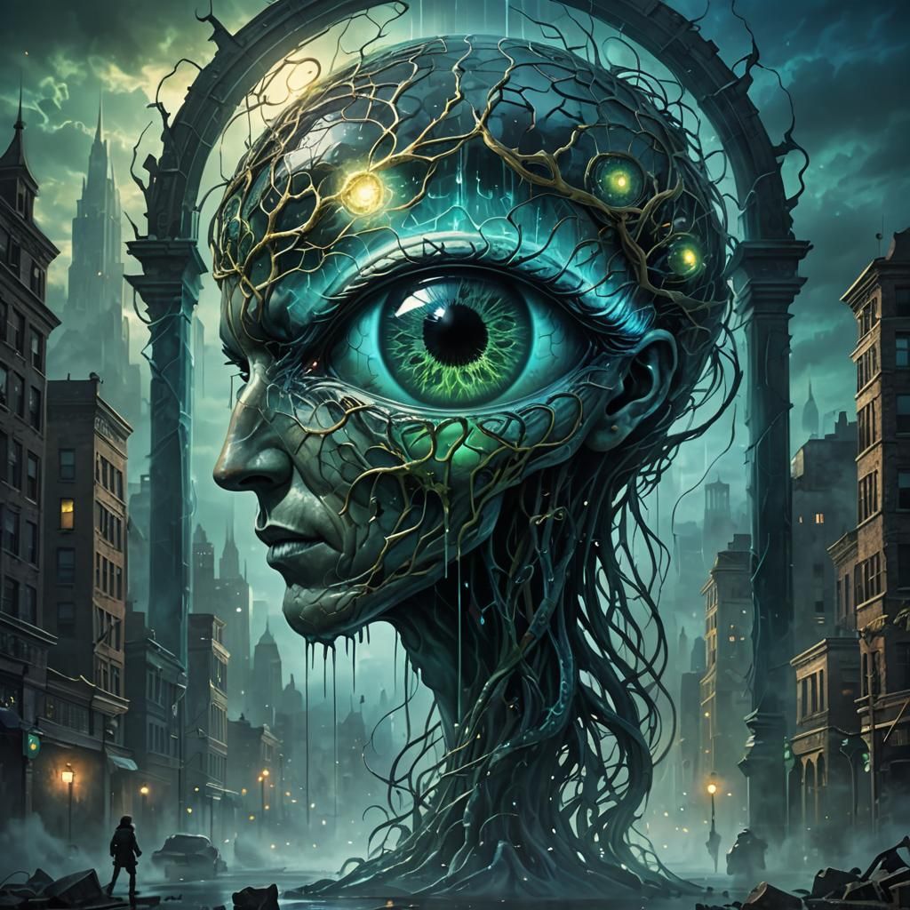 Surreal Brain in Glass, Dark Fantasy Illustration