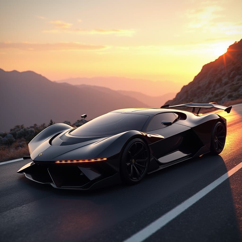 Futuristic Black Lamborghini on Mountain Road at Sunset