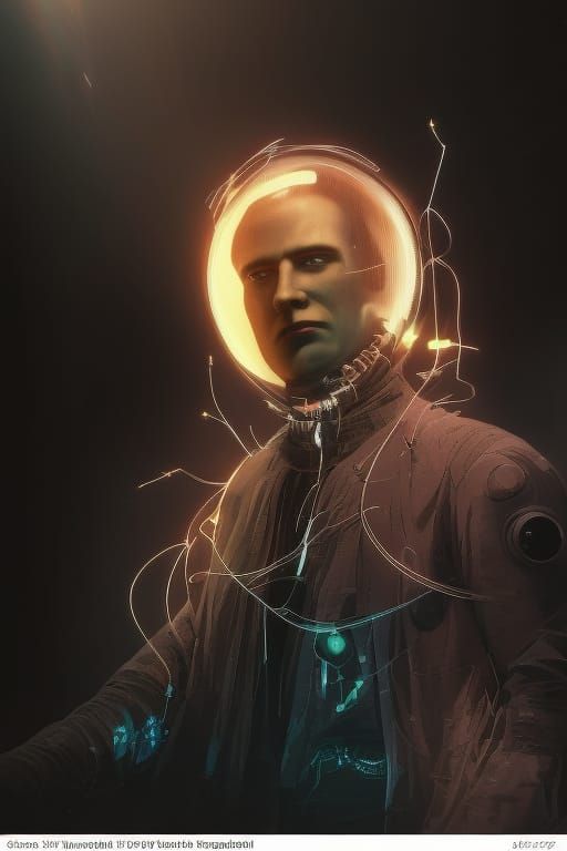 Cyberpunk Character with Wires and Computer Screens