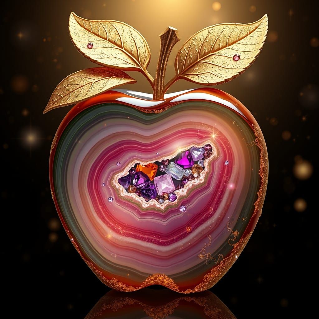 Jeweled Apple Geode with Gold Leaves, Fantasy Art
