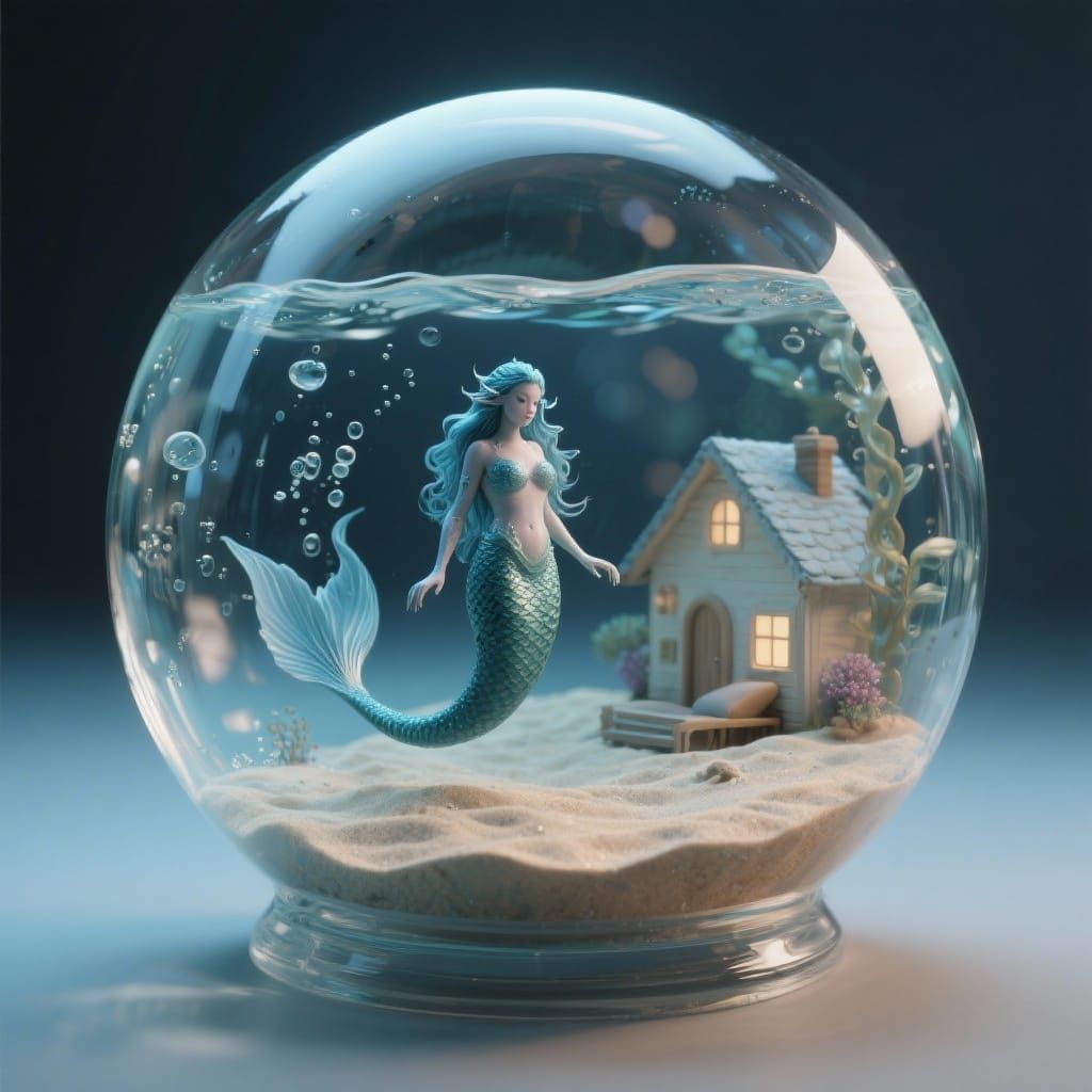 Mermaid's Cozy Habitat Inside a Glass Orb
