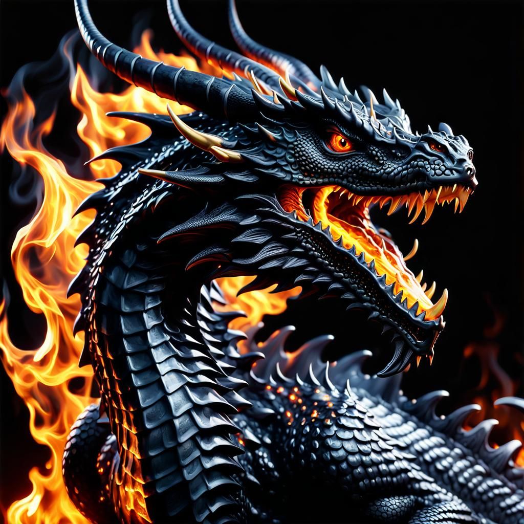 Liquid Black Dragon Emerging from Fire in Digital Art