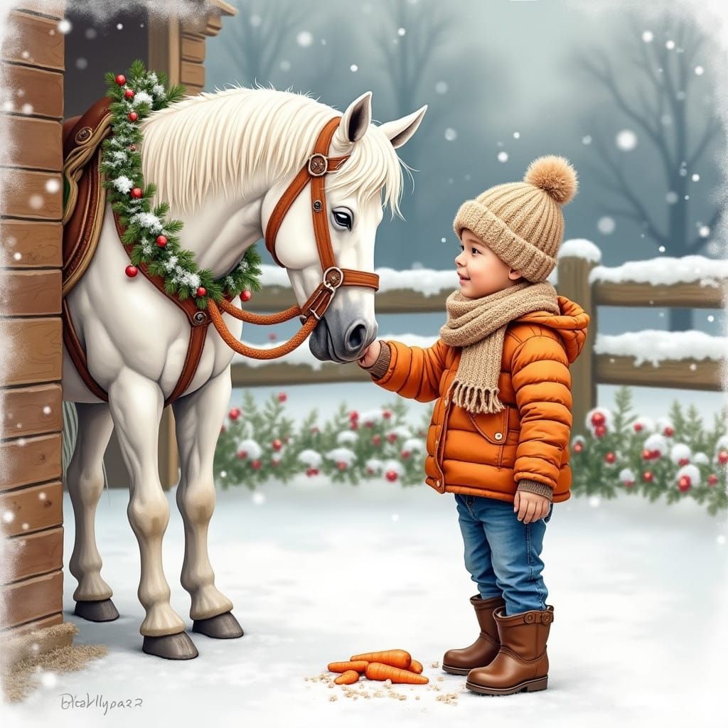 Winter Stable Scene with Boy and White Horse