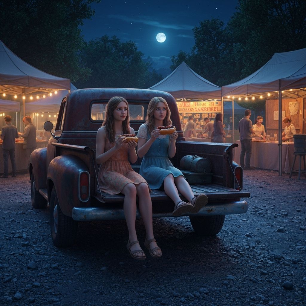 Girls Enjoying Bratwurst at Night Market