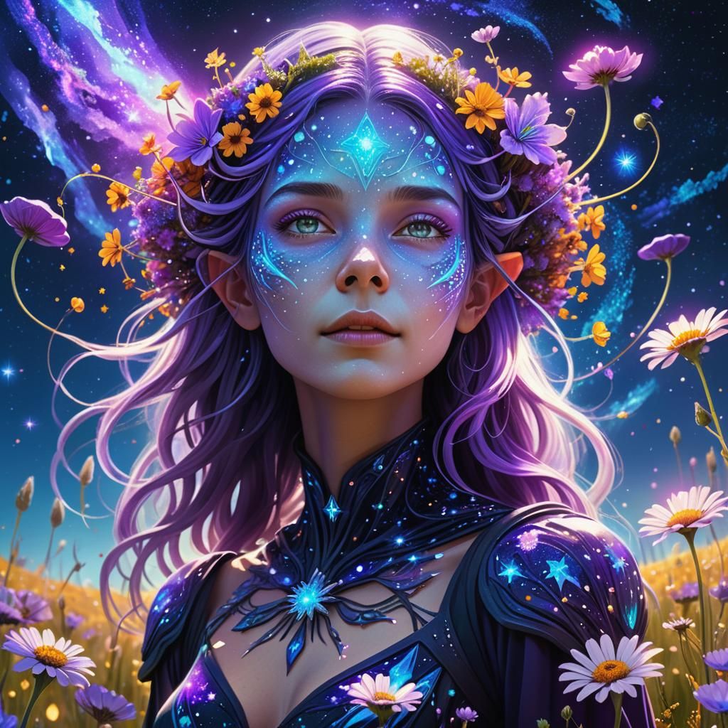 Cosmic Witch in Starry Meadow: Hyperrealistic Concept Art