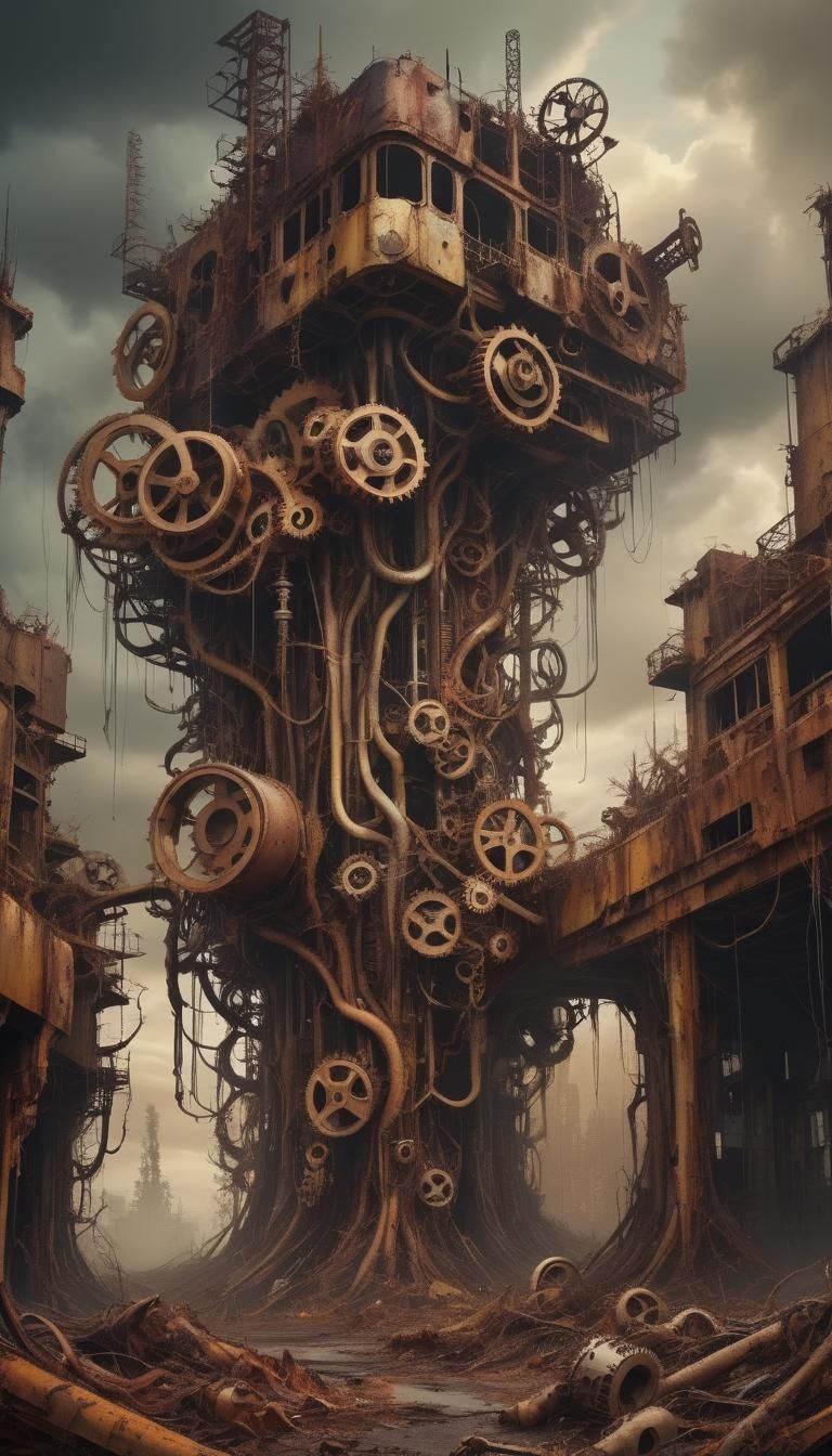 Dystopian Biomechanical Forest with Metal and Gears