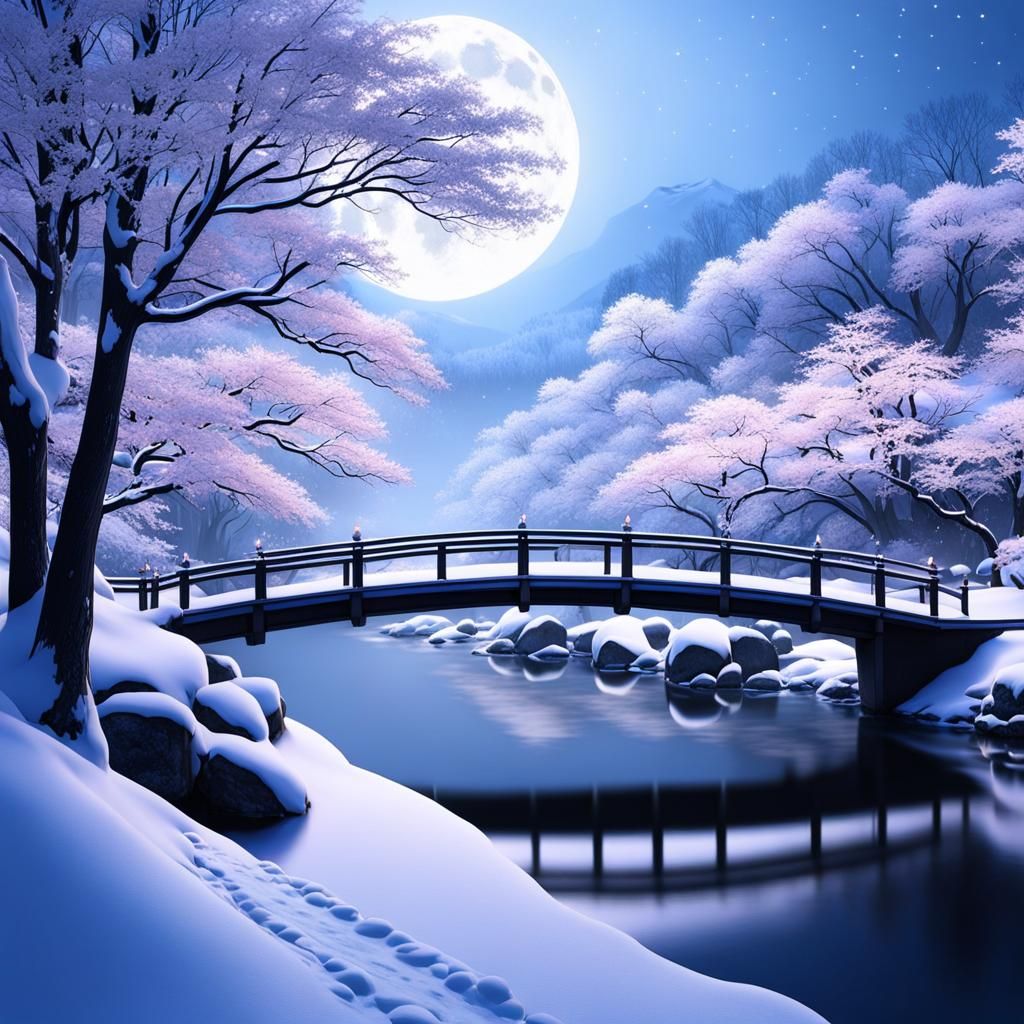 Moonlit Japanese Winter Riverscape in Matte Painting Style