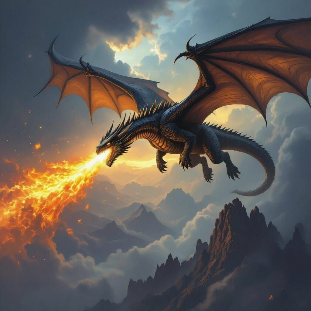 Terrifying Drogon Spews Fire in Stormy Epic Fantasy Art