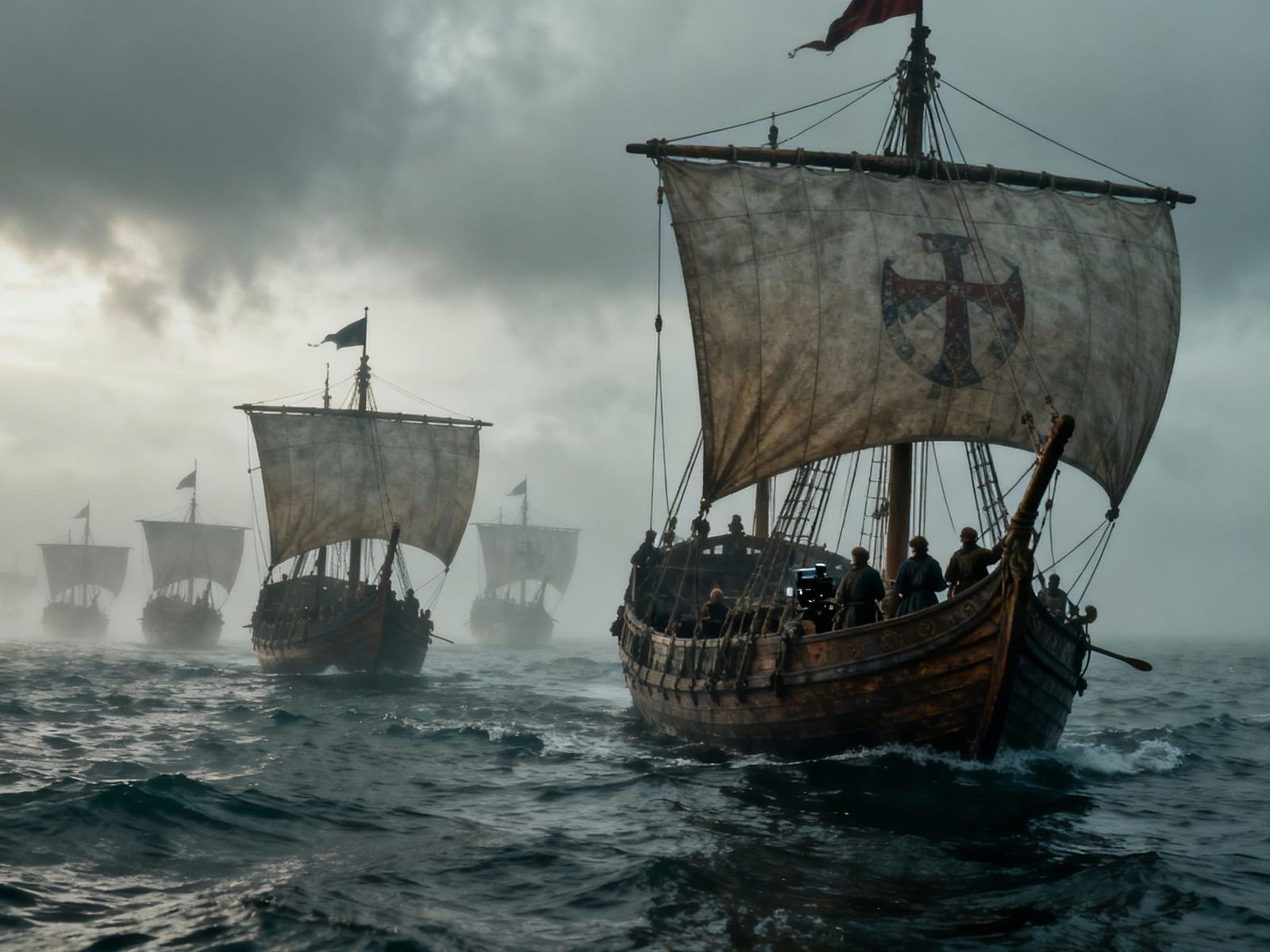 Medieval Sailing Fleet Navigates Overcast Seas Cinematic Fil...