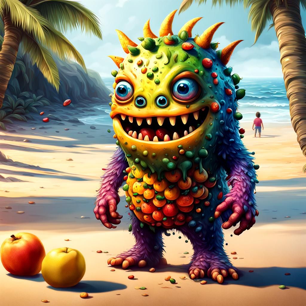 Fruit Monster on the Beach: Hyperrealistic Splash Art