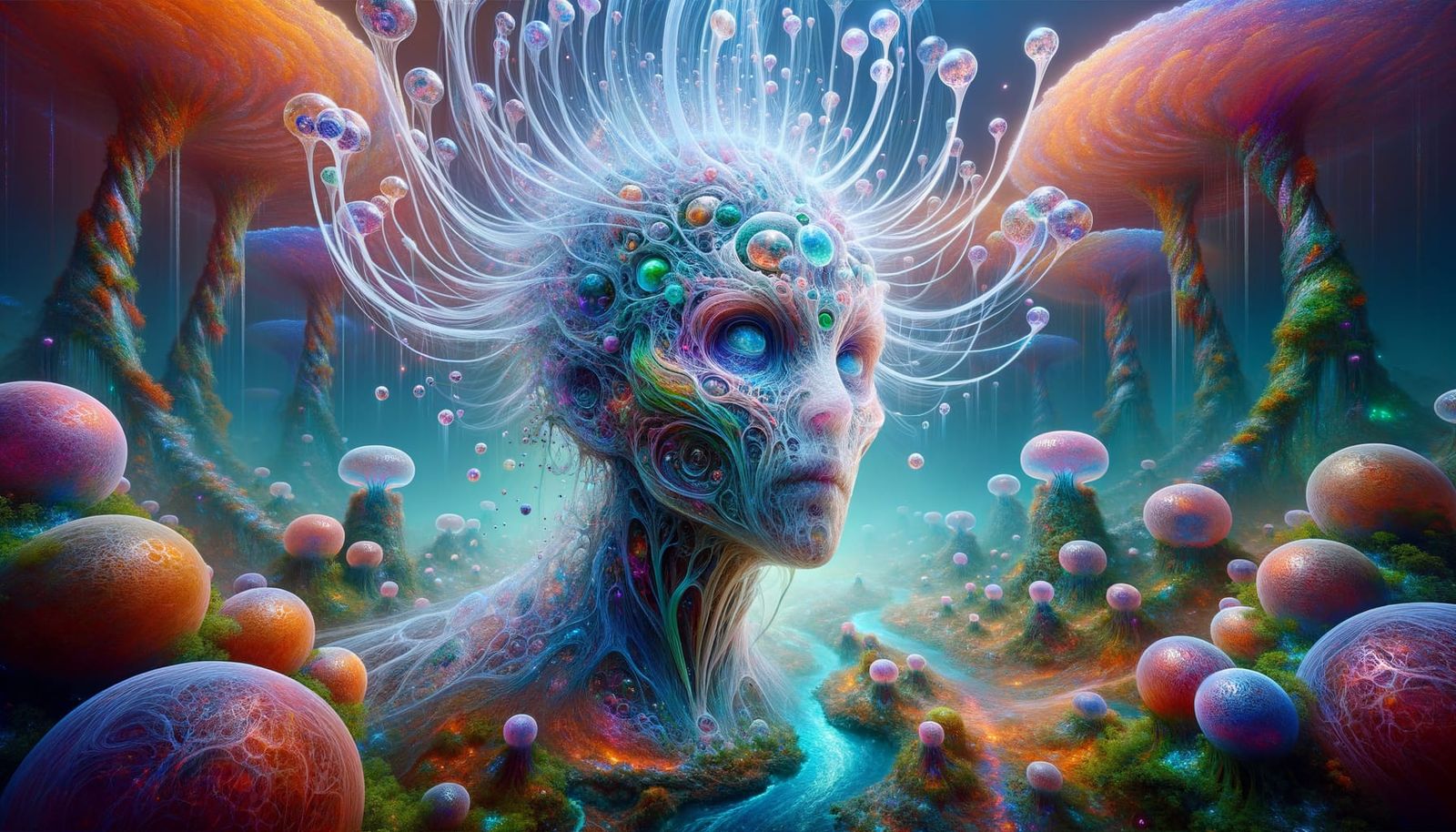 an extravagant surreal humanoid fantasy creature with a jell...