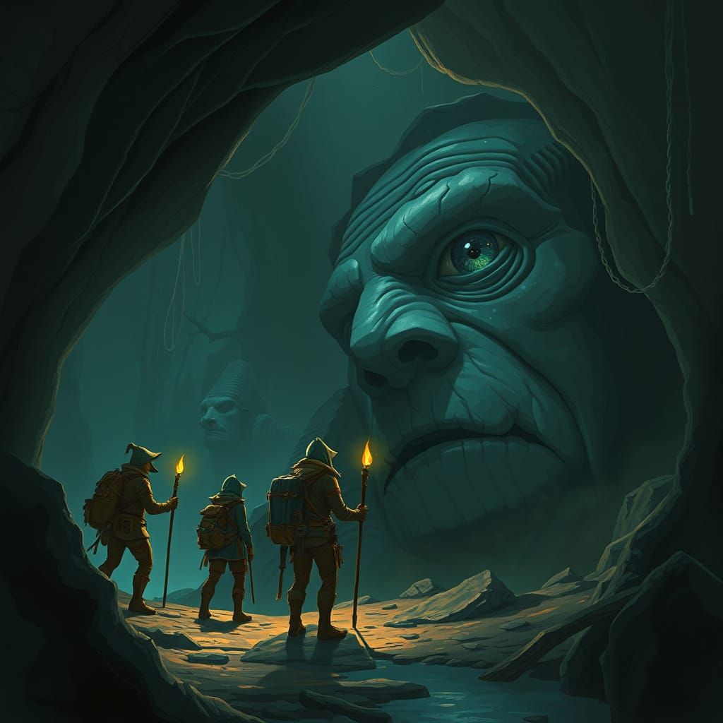 Adventurers Approach Giant in Dimly Lit Cave
