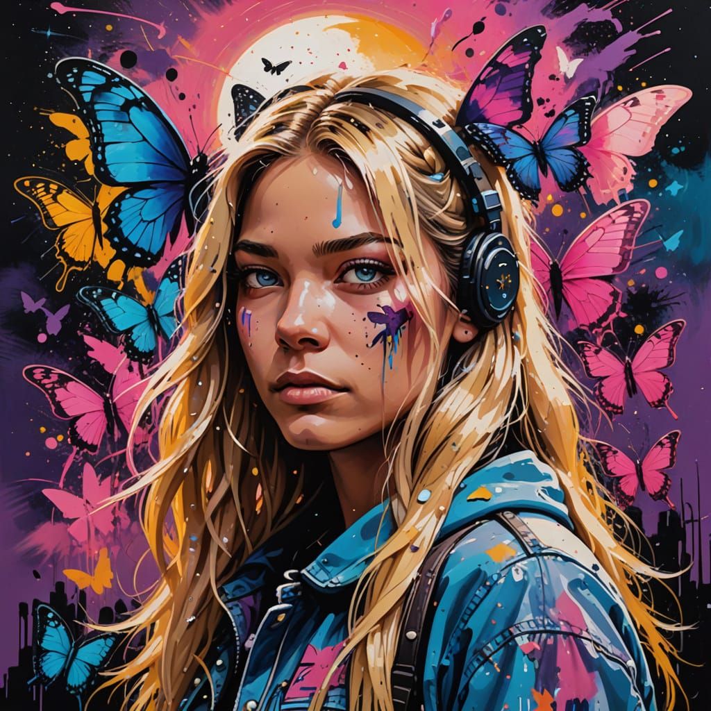 Graffiti Neko Goddess with Iridescent Wings in a Vibrant Gal...