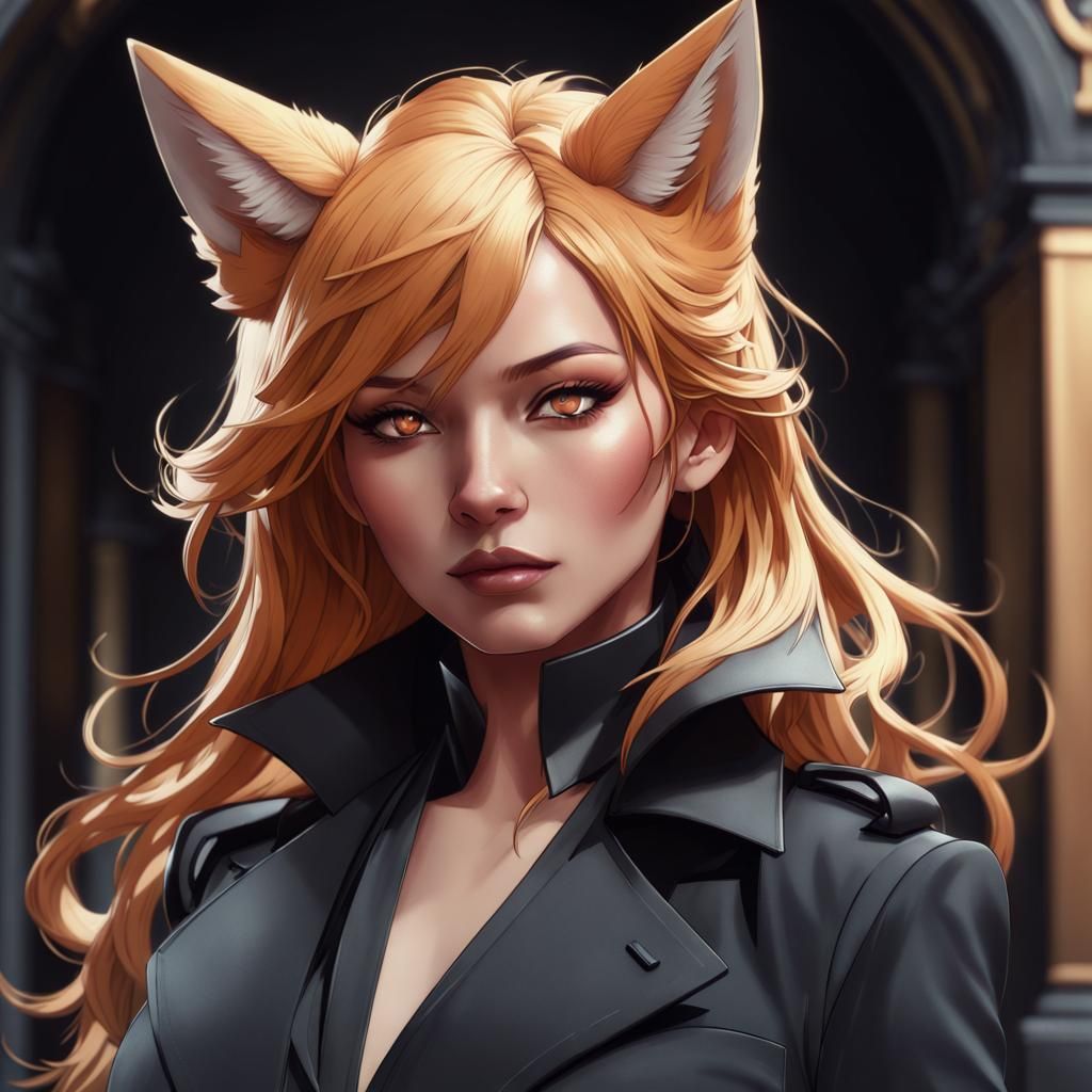 Kitsune in Black Suit, Detailed Portrait