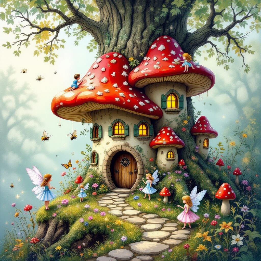 Ethereal Fairy Land with Mushroom Houses and Tiny Creatures