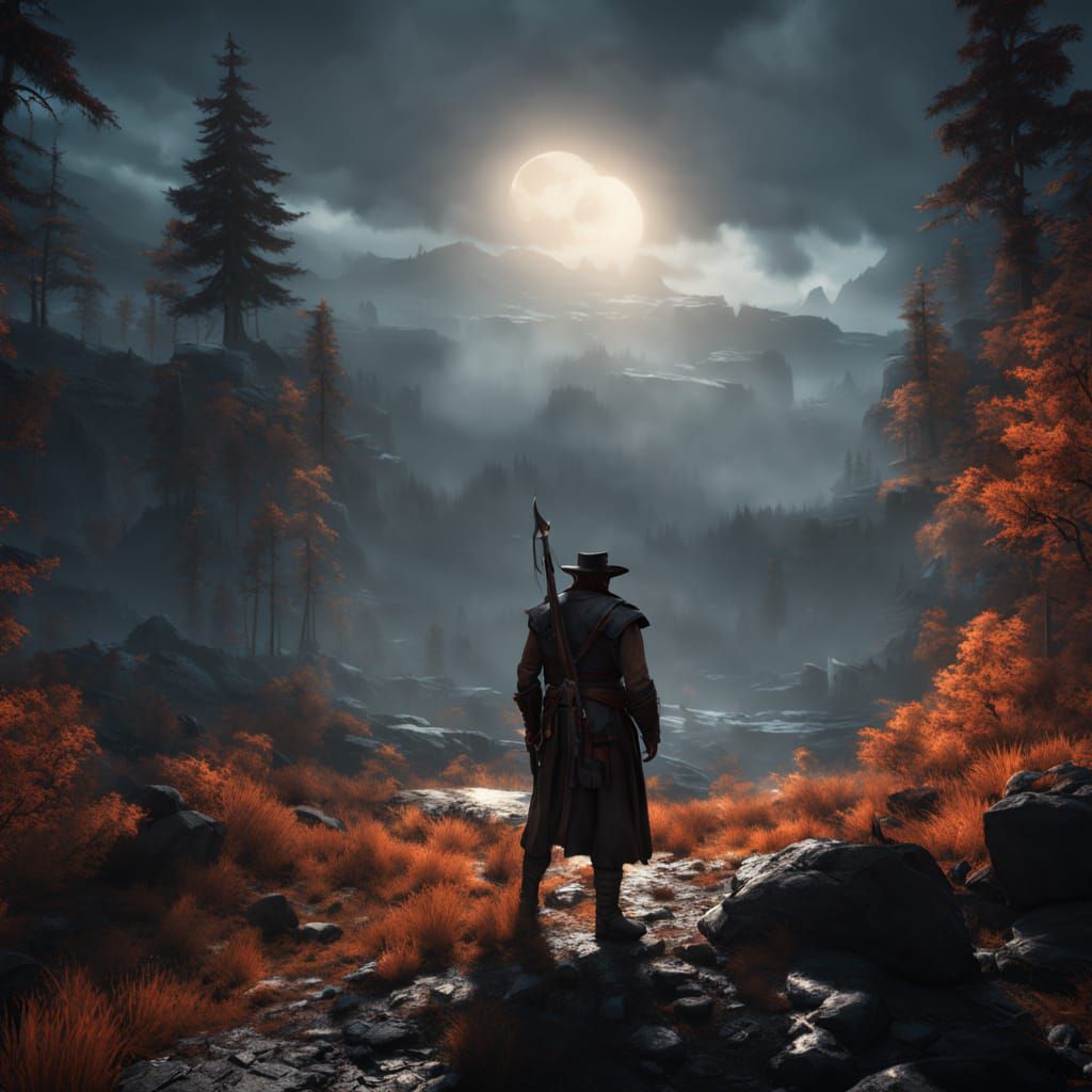Epic Fantasy Huntsman in Moonlit Forest