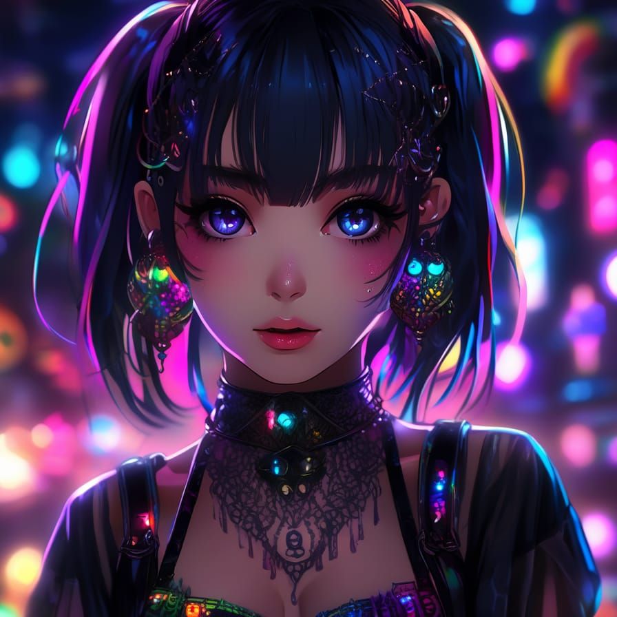 Raver Goth Girl in Anime Manga Style