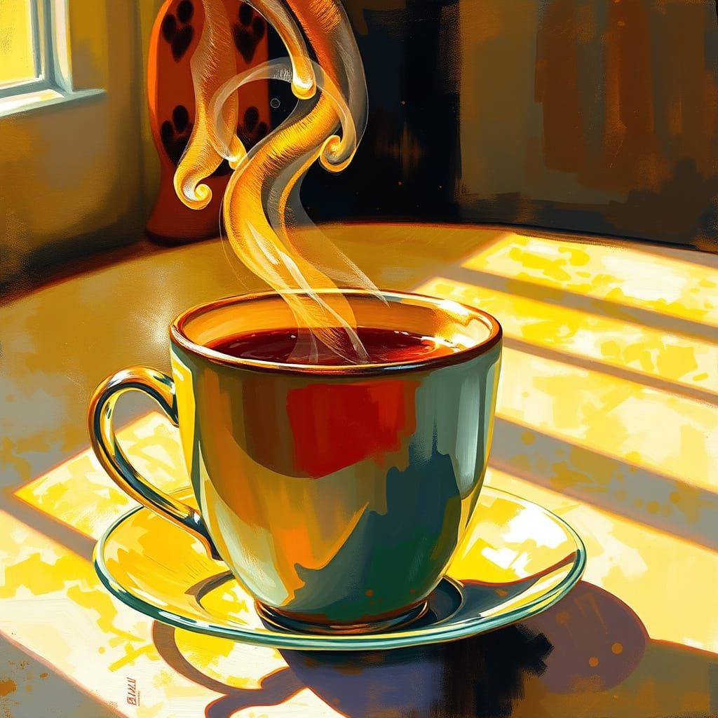 Vibrant cup of coffee, steam rising, on a softly lit morning table.