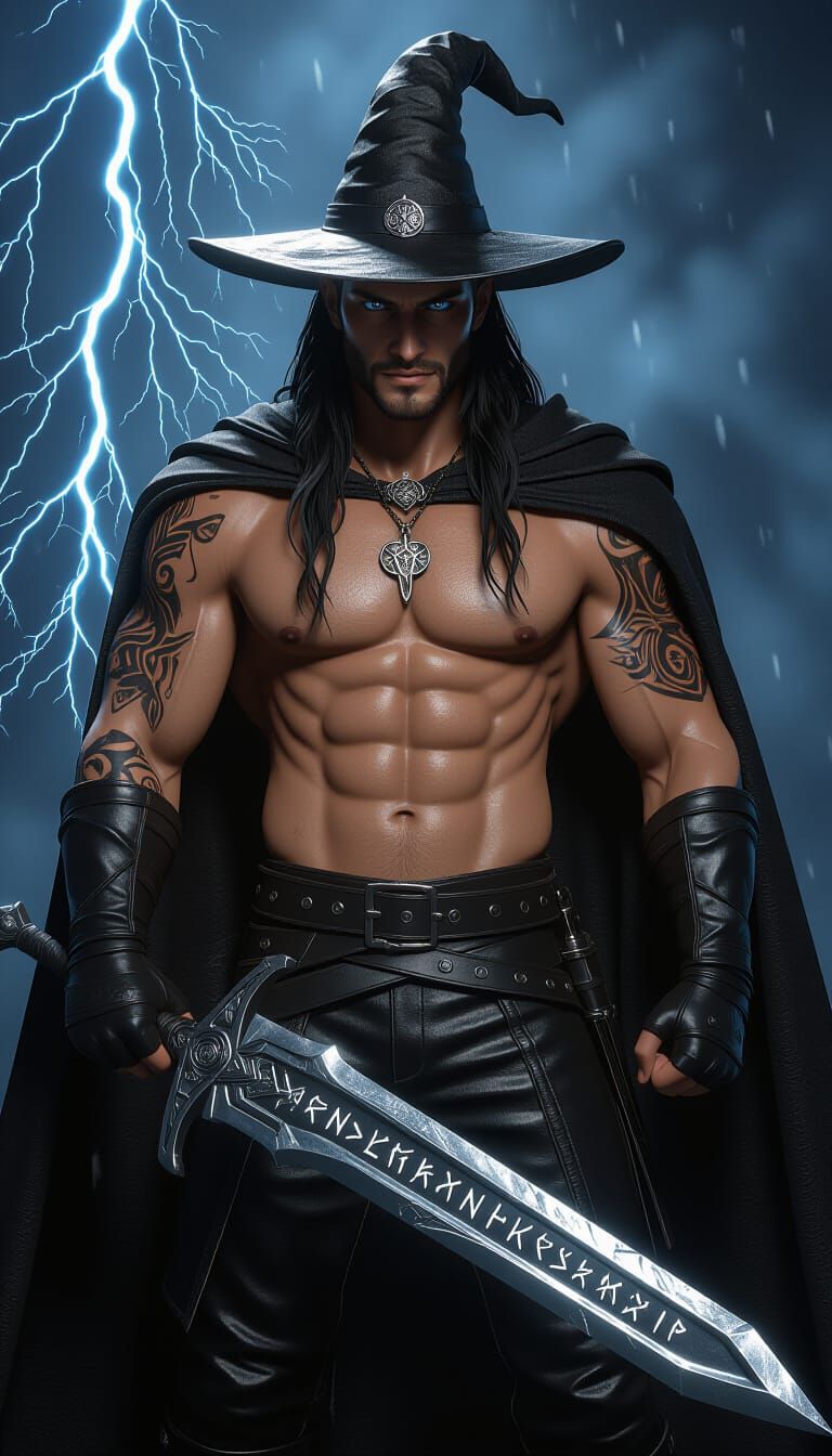 Muscular Male Witch With Glowing Sword In Dark Fantasy