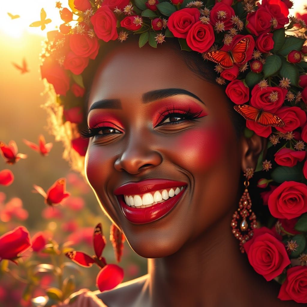 African Woman with Red Rose Crown: Realistic Portrait