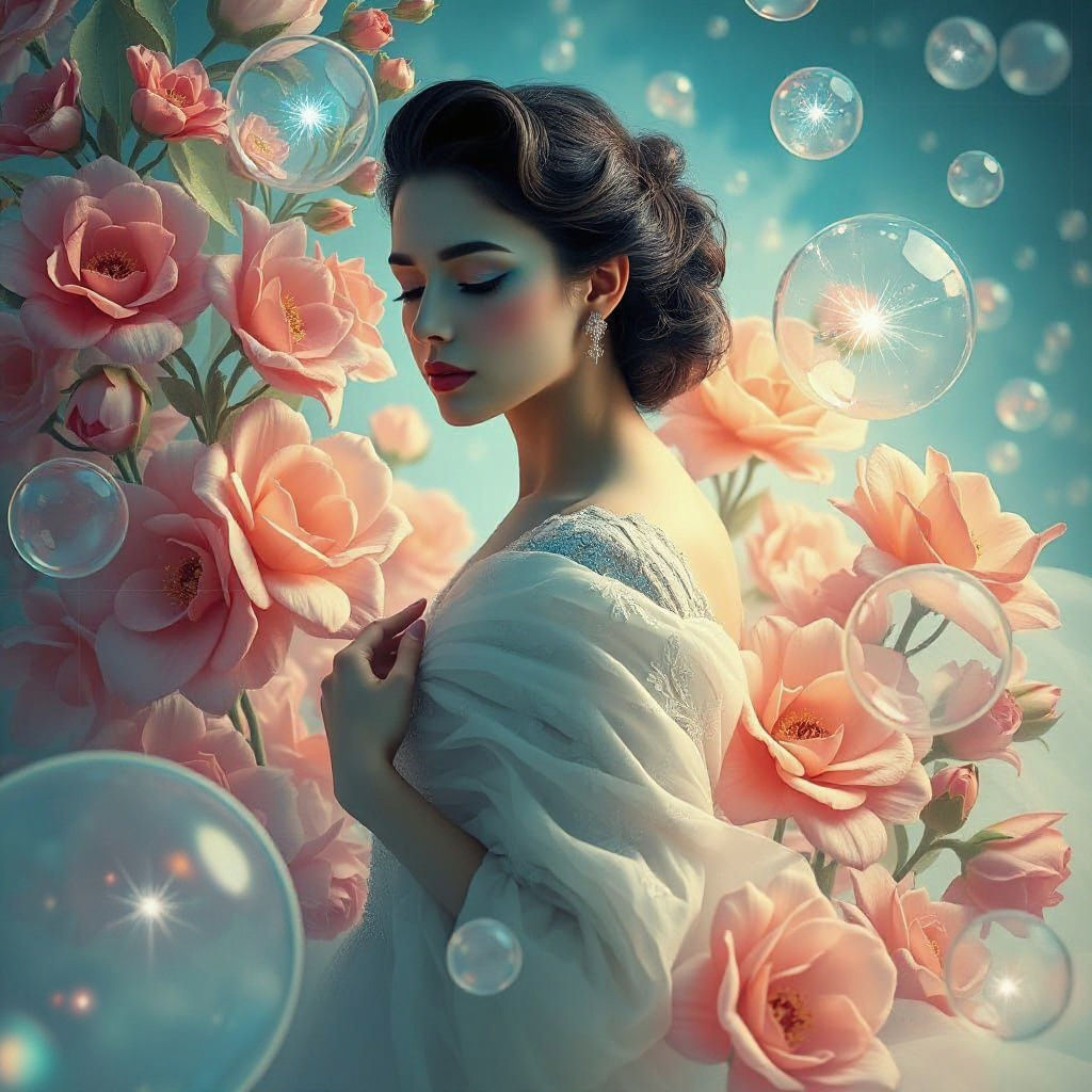 Woman Surrounded by Bubbles in Surreal Dreamscape