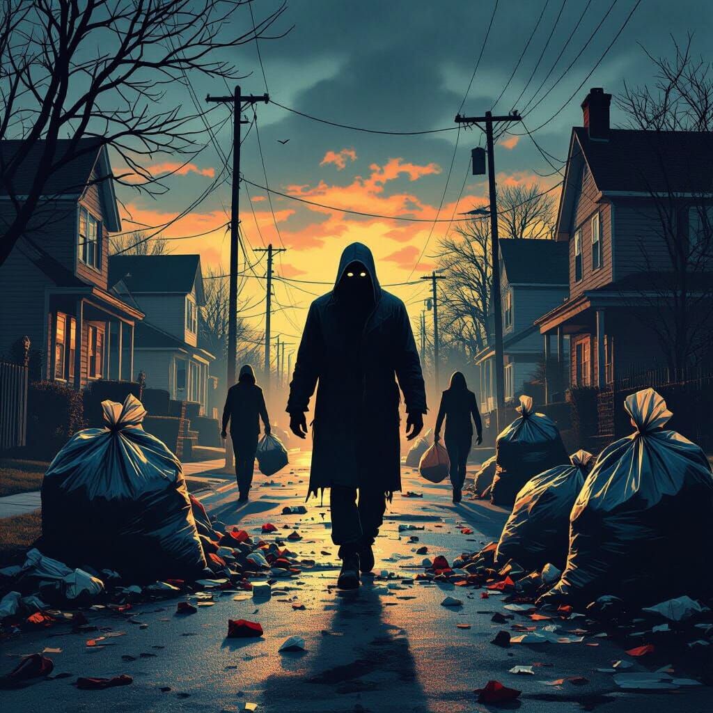 1980s Slasher Horror Film Poster: Masked Killer on Garbage D...