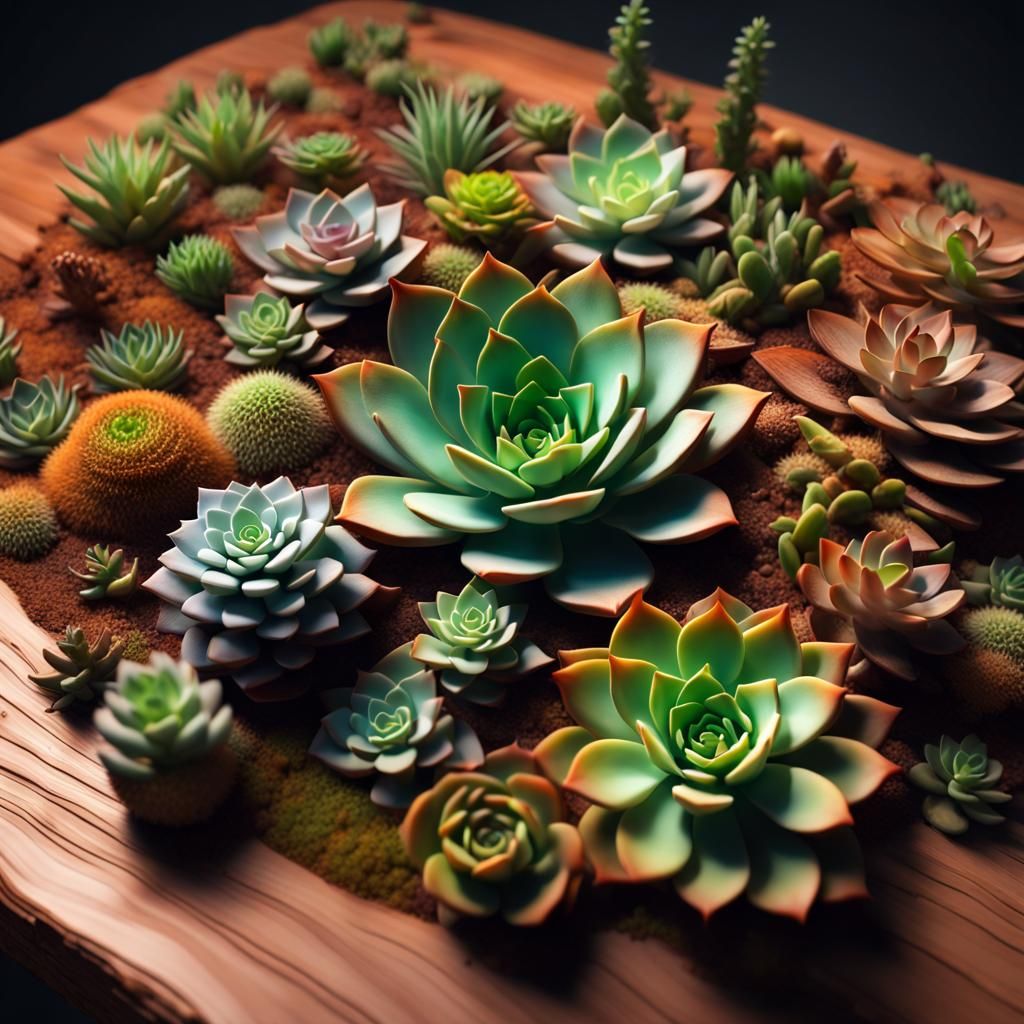 Hyperrealistic Succulents on Wood Table in 8k