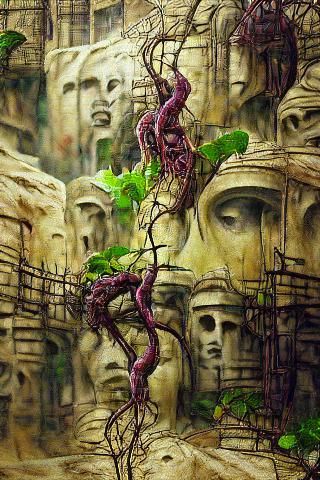 Ancient Vine-Covered Sculpture: Dystopian Matte Painting