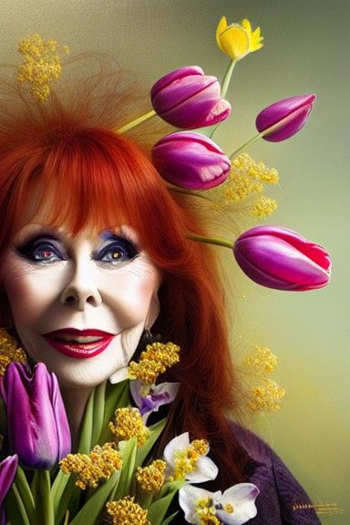 Cassandra Peterson Portrait with Tulips in Fantasy Art Style