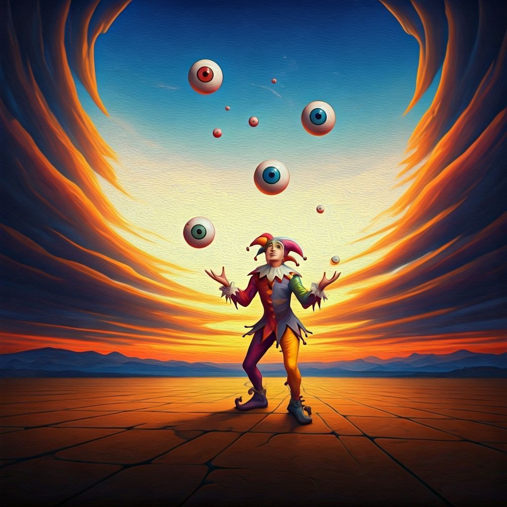 Surreal Jester Juggling Eyeballs in Dreamlike Sky