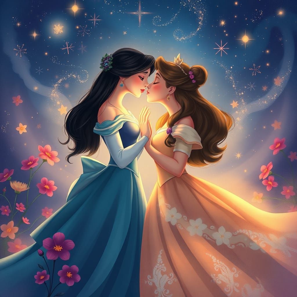 Magical Kiss: Mulan and Belle in Fantasy Art
