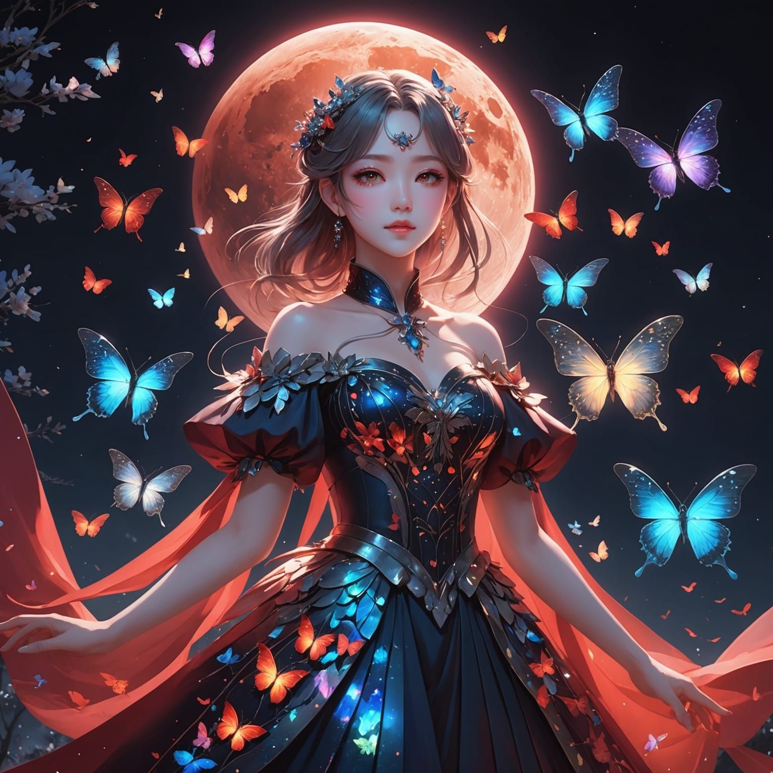 Anime Girl Under Red Moon Eclipse