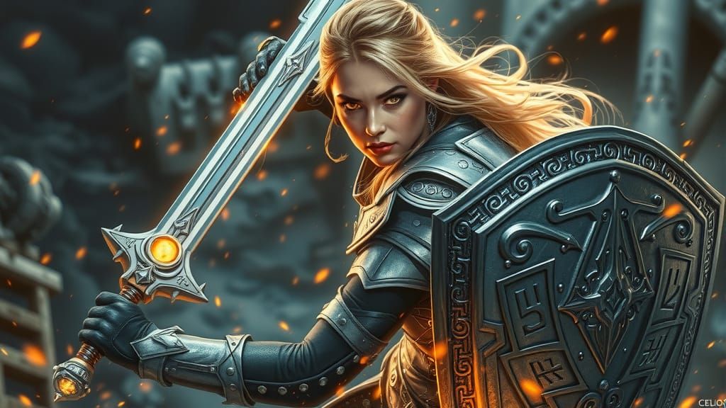 Female Warrior in Battle with Glowing Sword