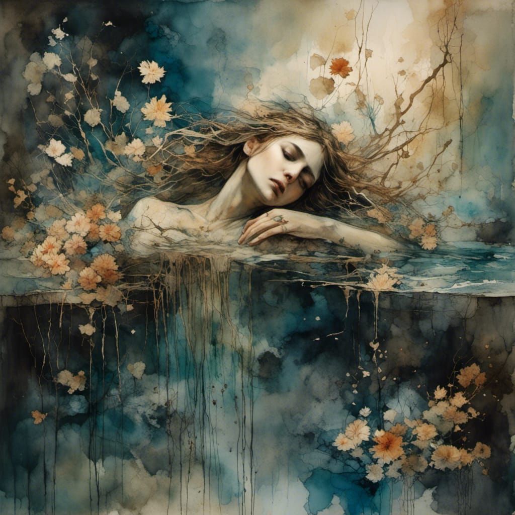 Ophelia Drowning in Flowers: Gouache and Watercolor