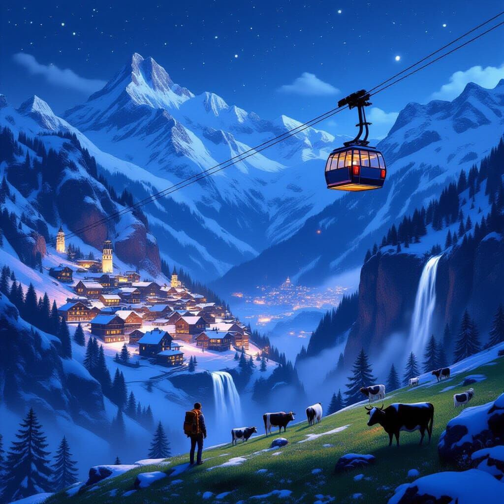 Fantasy Alpine Village and Hiker at Night