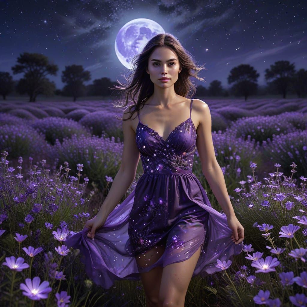 Ethereal Woman in a Field of Purple Blooms Under the Nightti...