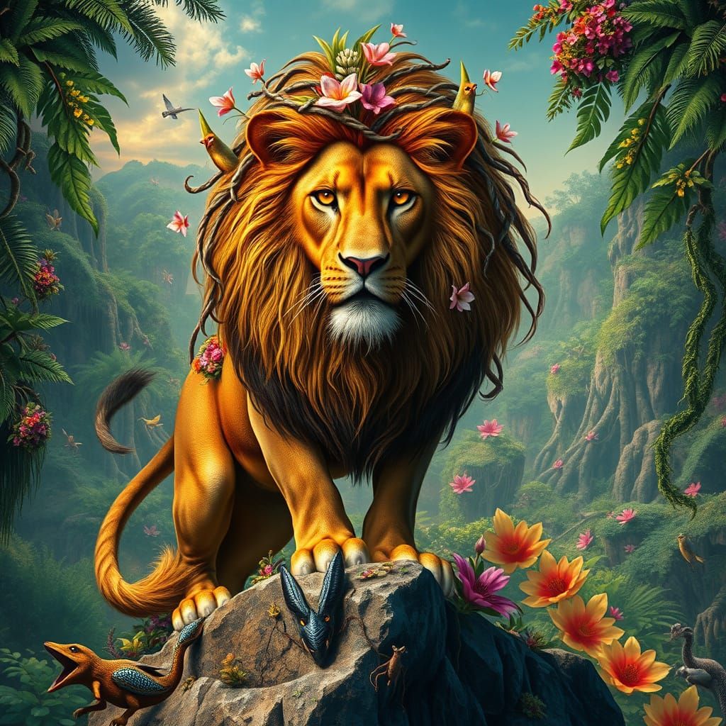 Lion with Floral Mane in Surreal Jungle Scene