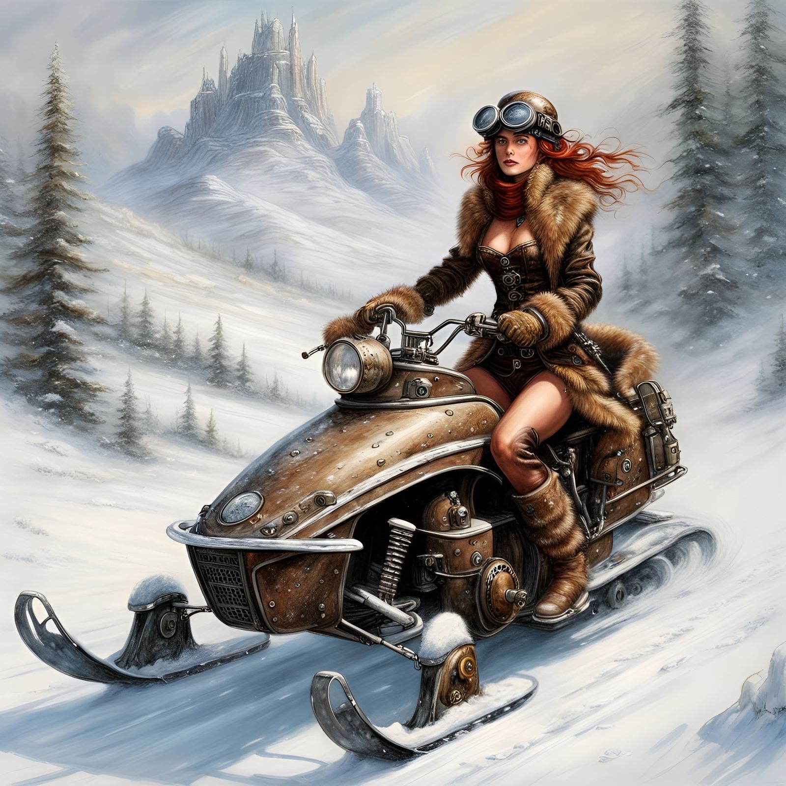 Steampunk Adventuress on Snowmobile Through Snowy Hills