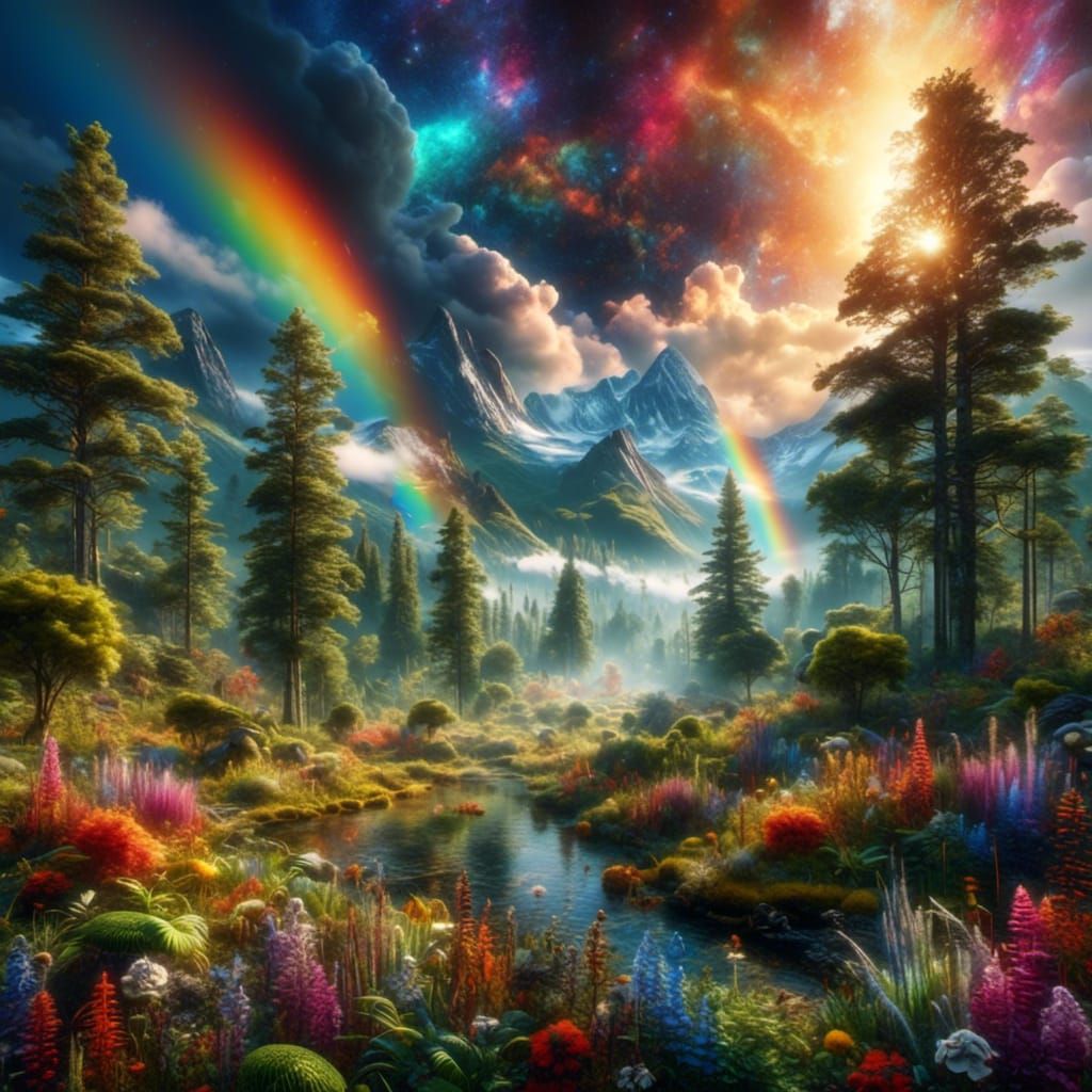 Lush 3D Landscape with Rainbow After Summer Rain