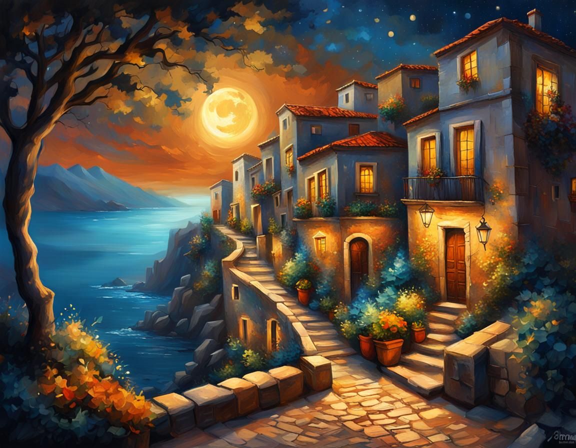 Moonlit Mediterranean Town in Fantasy Art Style
